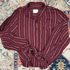 American Eagle Womens Maroon Striped Button Up Tie Shirt Size Small